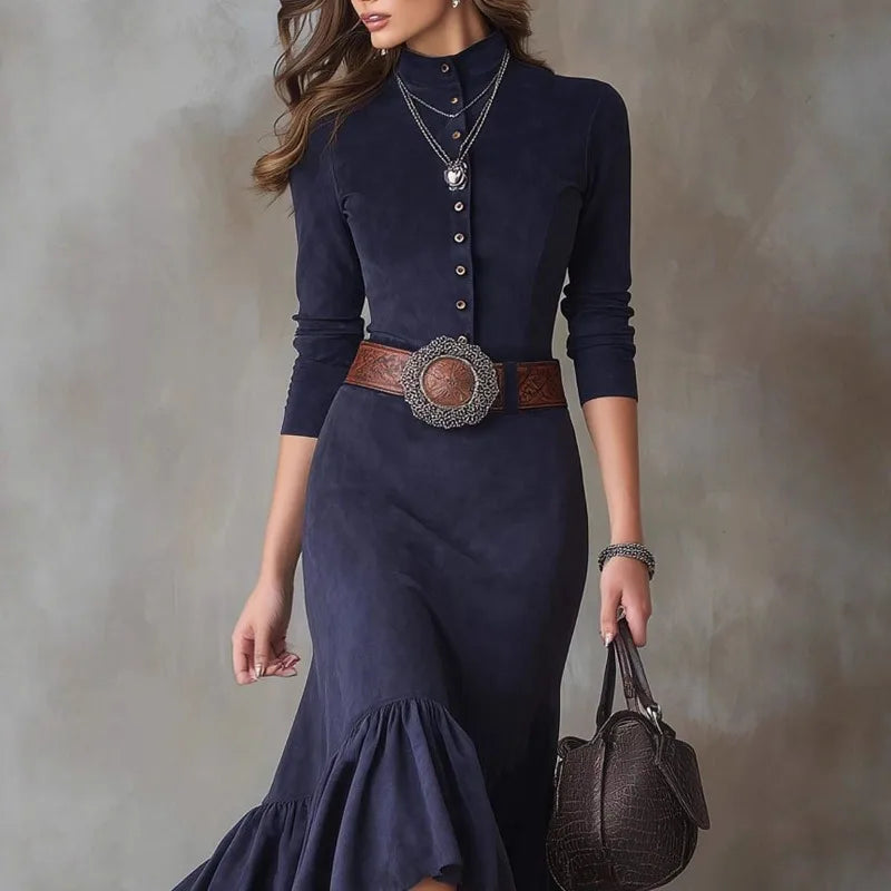 Vintage Western Style Dress Button Temperament High Neck Suede Slim Fit Irregular Hem Long Skirt with Belt