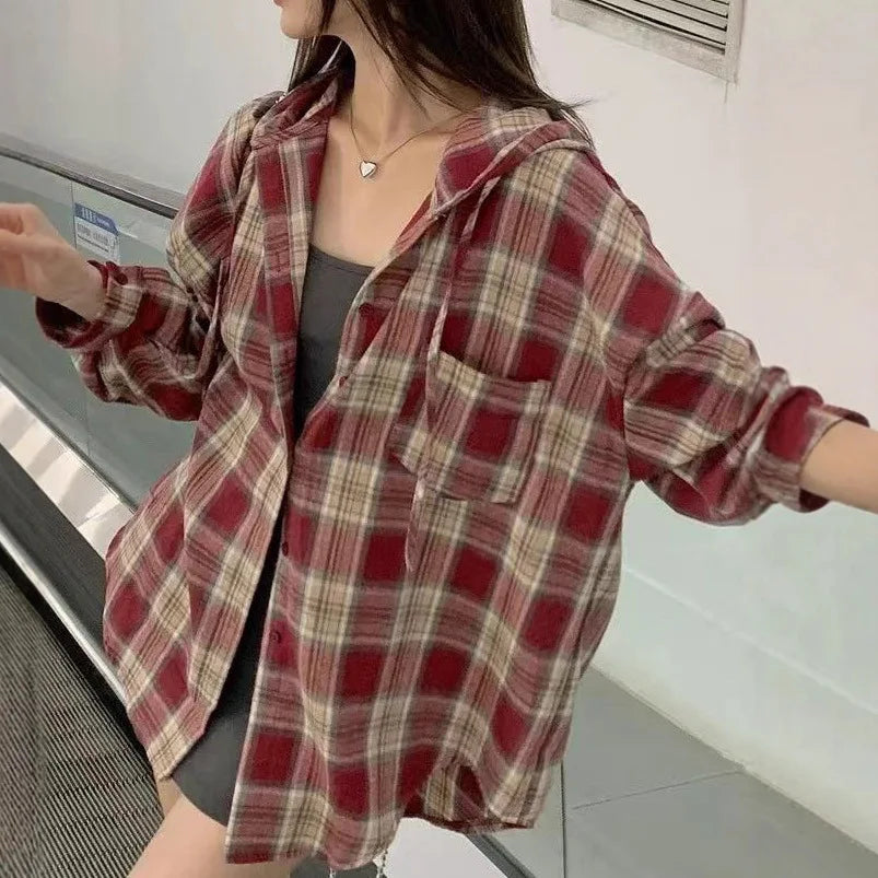Loose Long Sleeve Plaid Shirt Women's Spring Autumn New Korean Style Lazy Fashion Casual Outerwear Cotton Polyester Blend