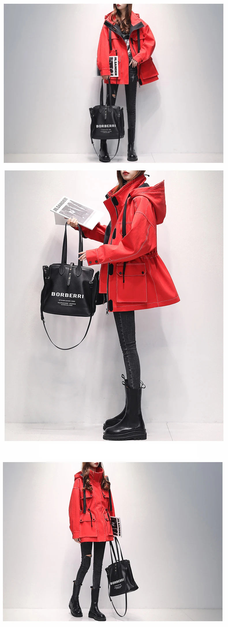 Lautaro Autumn Oversized Red Black Waterproof Windbreaker Women with Hood Many Pockets Zip Up Safari Style Cool Cargo Coat 2022
