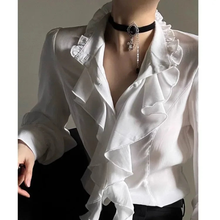 Harajuku Vintage Black Bottoming Shirt Women Stand Collar Ruffles Slim Fit Blouses 2025 New Long Sleeve Blusas De Mujer