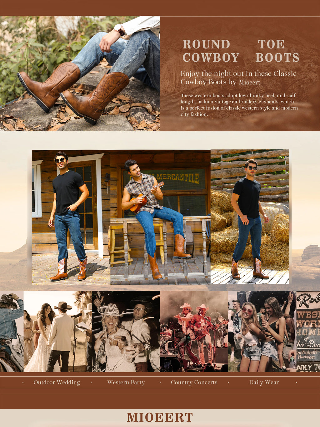 Cowboy Boots For Men with Wide Square Toe Western Retro Boot Durable Classic Fashionable Embroidered Pull On Boots