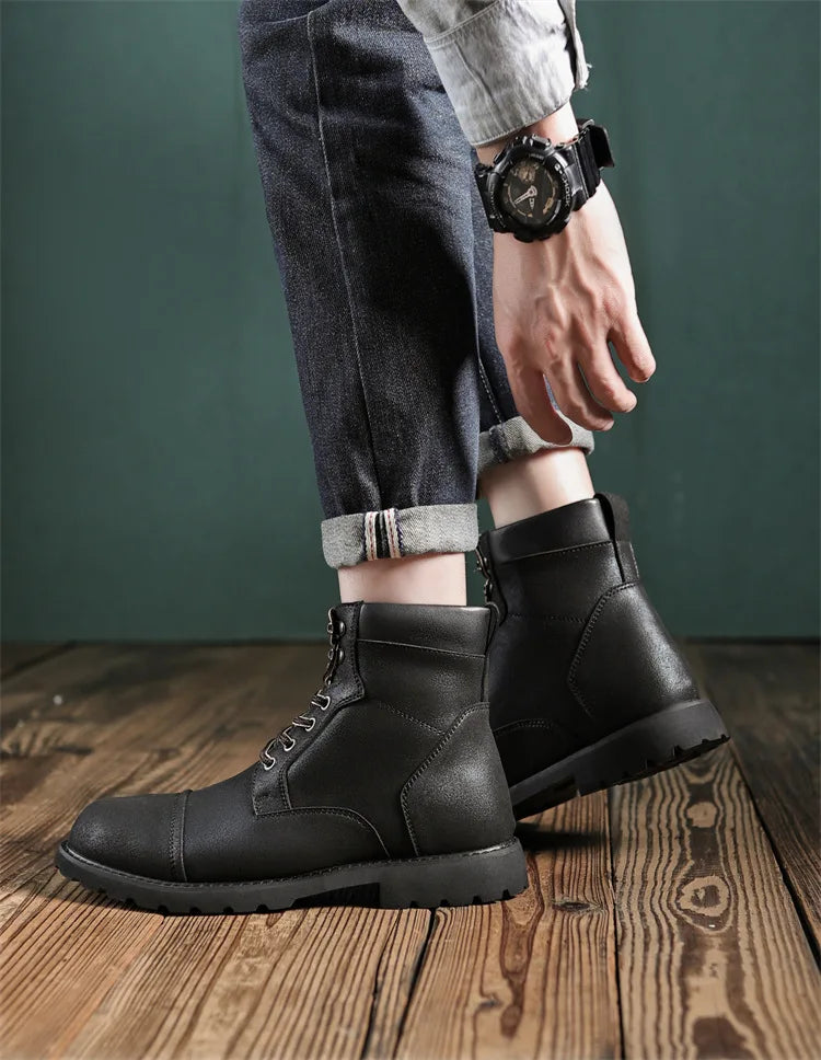 British Retro Men's High-Top Leather Cowboy Boots Lace-Up Comfortable Breathable Equestrian Casual Shoes Premium Quality Fashion