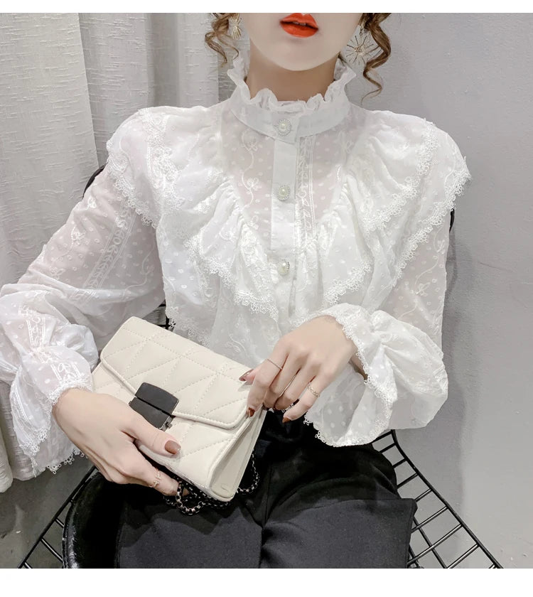 Korean Style Ruffle Stitching Lace Blouse Fashion Long Sleeve Loose Chiffon Shirt Elegant Stand Collar Pleated Tops Blusas 15832