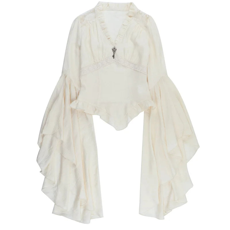 Dark Style Y2k V-neck Long Sleeved Top 2025 New Gothic Fashion Retro Shirt Women Palace Style Elegant Ruched Solid Party Clothes