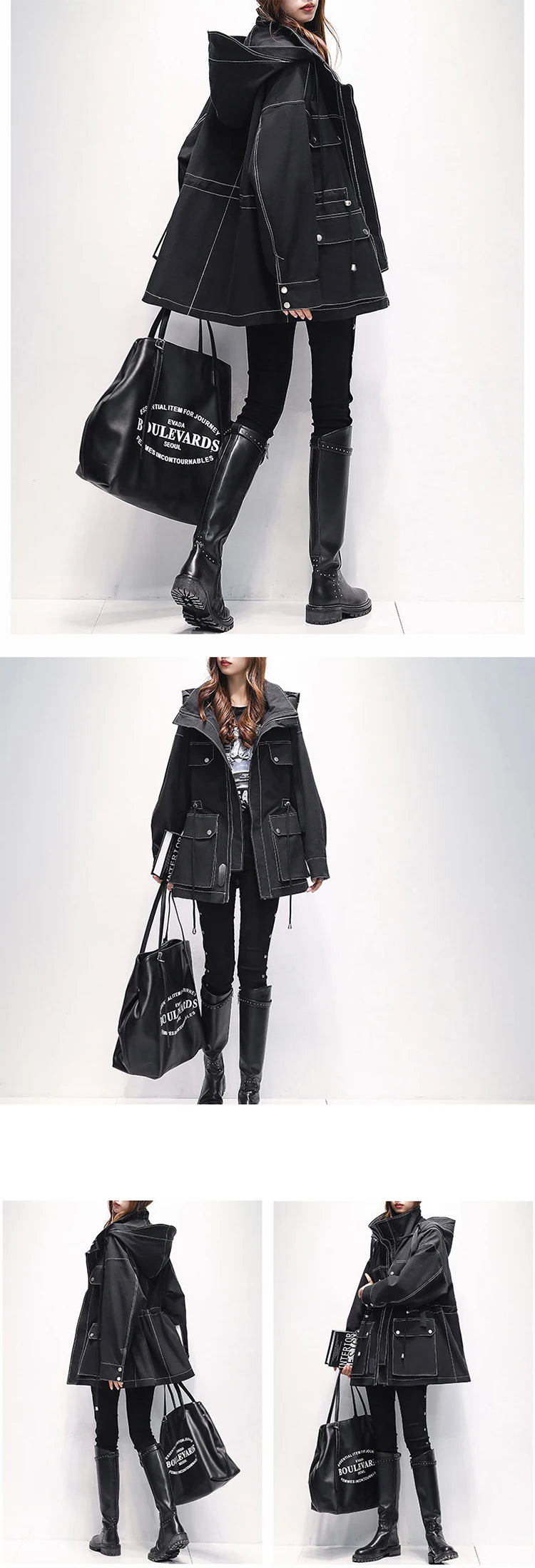 Lautaro Autumn Oversized Red Black Waterproof Windbreaker Women with Hood Many Pockets Zip Up Safari Style Cool Cargo Coat 2022