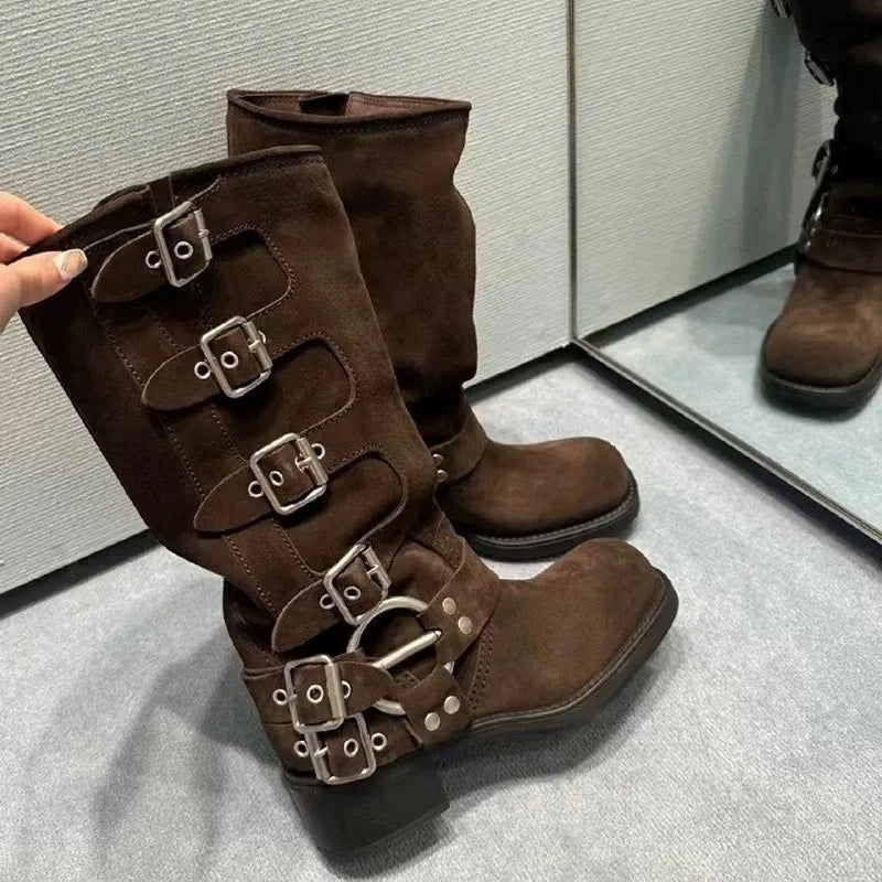 Women's High Boots 2025 New Retro Brown Western Cowhide Boots Gothic Square Toe Wide-leg Women's Long Boots