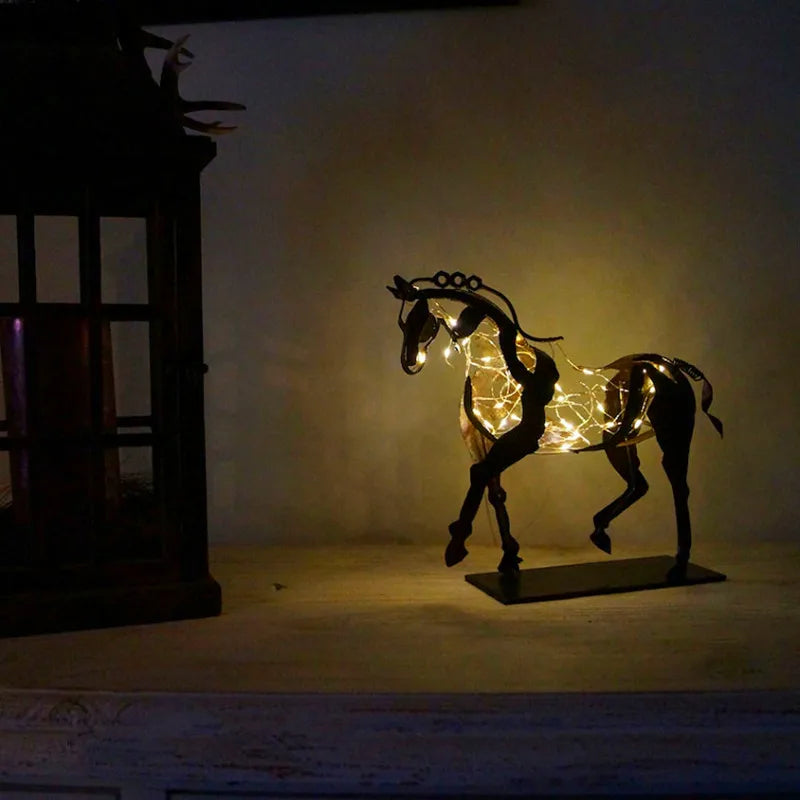 Home Handicrafts Metal Horse Statue With LED Light Decoration Retro Rustic Openwork Figurine Office Desk Horse Sculpture Gift
