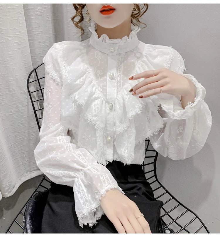 Korean Style Ruffle Stitching Lace Blouse Fashion Long Sleeve Loose Chiffon Shirt Elegant Stand Collar Pleated Tops Blusas 15832