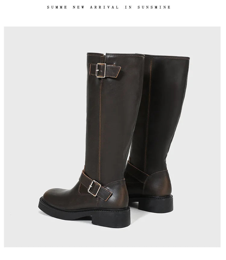 Women's High Boots 2025 New Retro Brown Western Cowhide Boots Gothic Square Toe Wide-leg Women's Long Boots