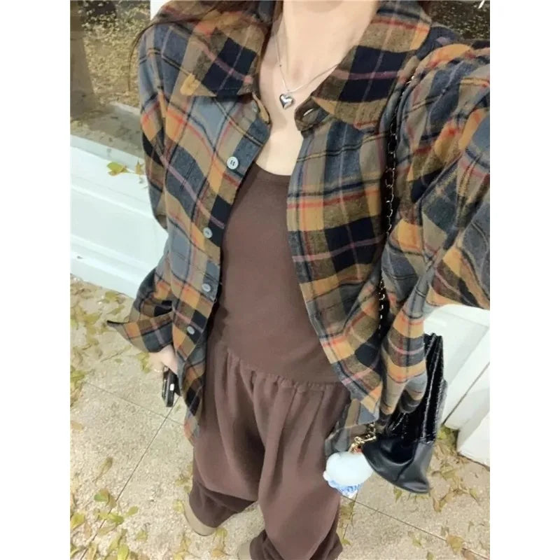 Deeptown Y2k Vintage Plaid Women Shirts Long Sleeve Oversized Blouse Korean Fashion Basic Chic Retro Casual Summer Streetwear