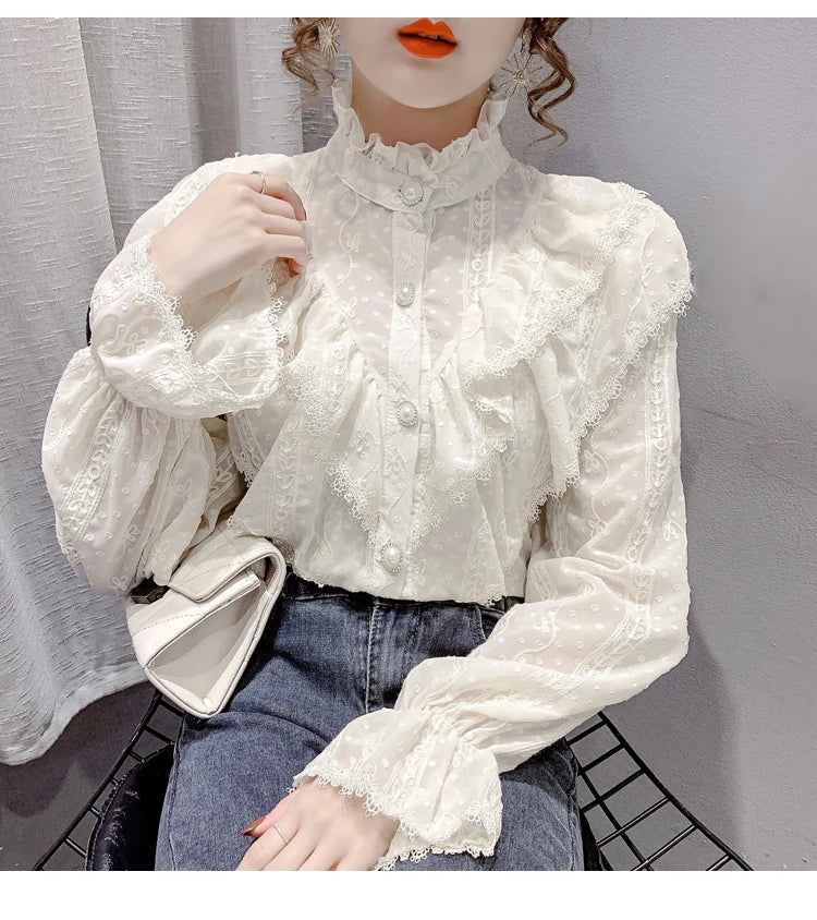 Korean Style Ruffle Stitching Lace Blouse Fashion Long Sleeve Loose Chiffon Shirt Elegant Stand Collar Pleated Tops Blusas 15832