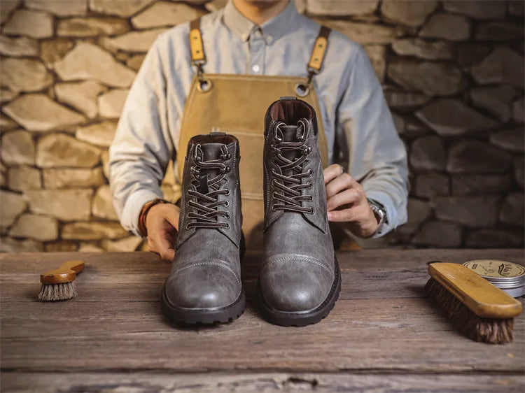 British Retro Men's High-Top Leather Cowboy Boots Lace-Up Comfortable Breathable Equestrian Casual Shoes Premium Quality Fashion