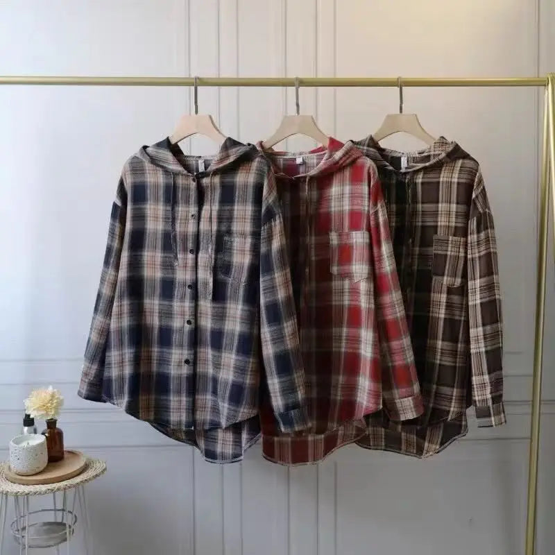 Loose Long Sleeve Plaid Shirt Women's Spring Autumn New Korean Style Lazy Fashion Casual Outerwear Cotton Polyester Blend