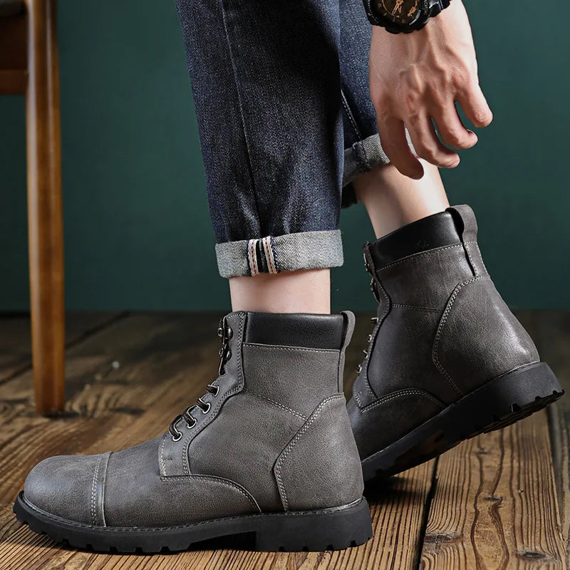 British Retro Men's High-Top Leather Cowboy Boots Lace-Up Comfortable Breathable Equestrian Casual Shoes Premium Quality Fashion