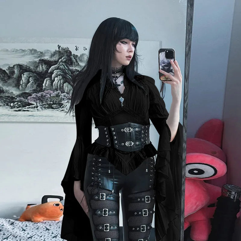 Dark Style Y2k V-neck Long Sleeved Top 2025 New Gothic Fashion Retro Shirt Women Palace Style Elegant Ruched Solid Party Clothes