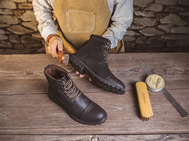 British Retro Men's High-Top Leather Cowboy Boots Lace-Up Comfortable Breathable Equestrian Casual Shoes Premium Quality Fashion