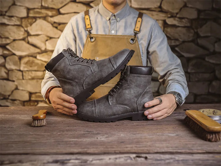 British Retro Men's High-Top Leather Cowboy Boots Lace-Up Comfortable Breathable Equestrian Casual Shoes Premium Quality Fashion