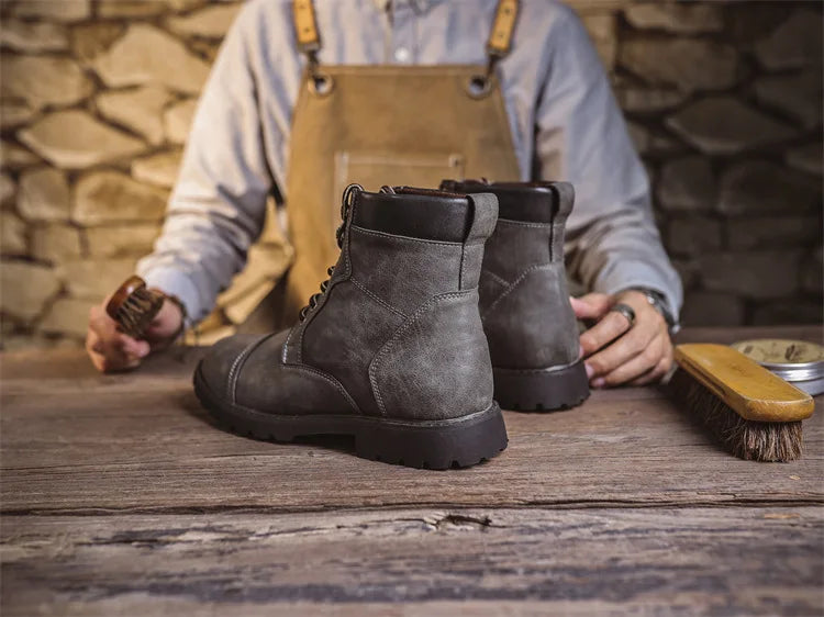 British Retro Men's High-Top Leather Cowboy Boots Lace-Up Comfortable Breathable Equestrian Casual Shoes Premium Quality Fashion