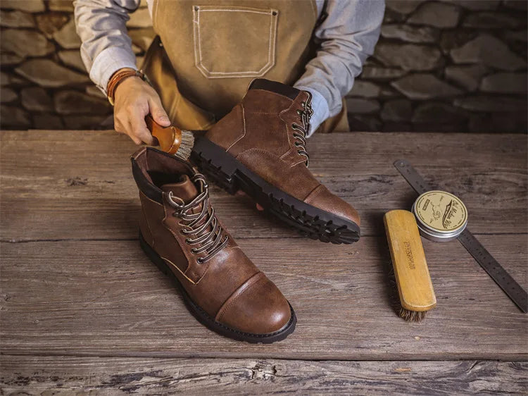 British Retro Men's High-Top Leather Cowboy Boots Lace-Up Comfortable Breathable Equestrian Casual Shoes Premium Quality Fashion