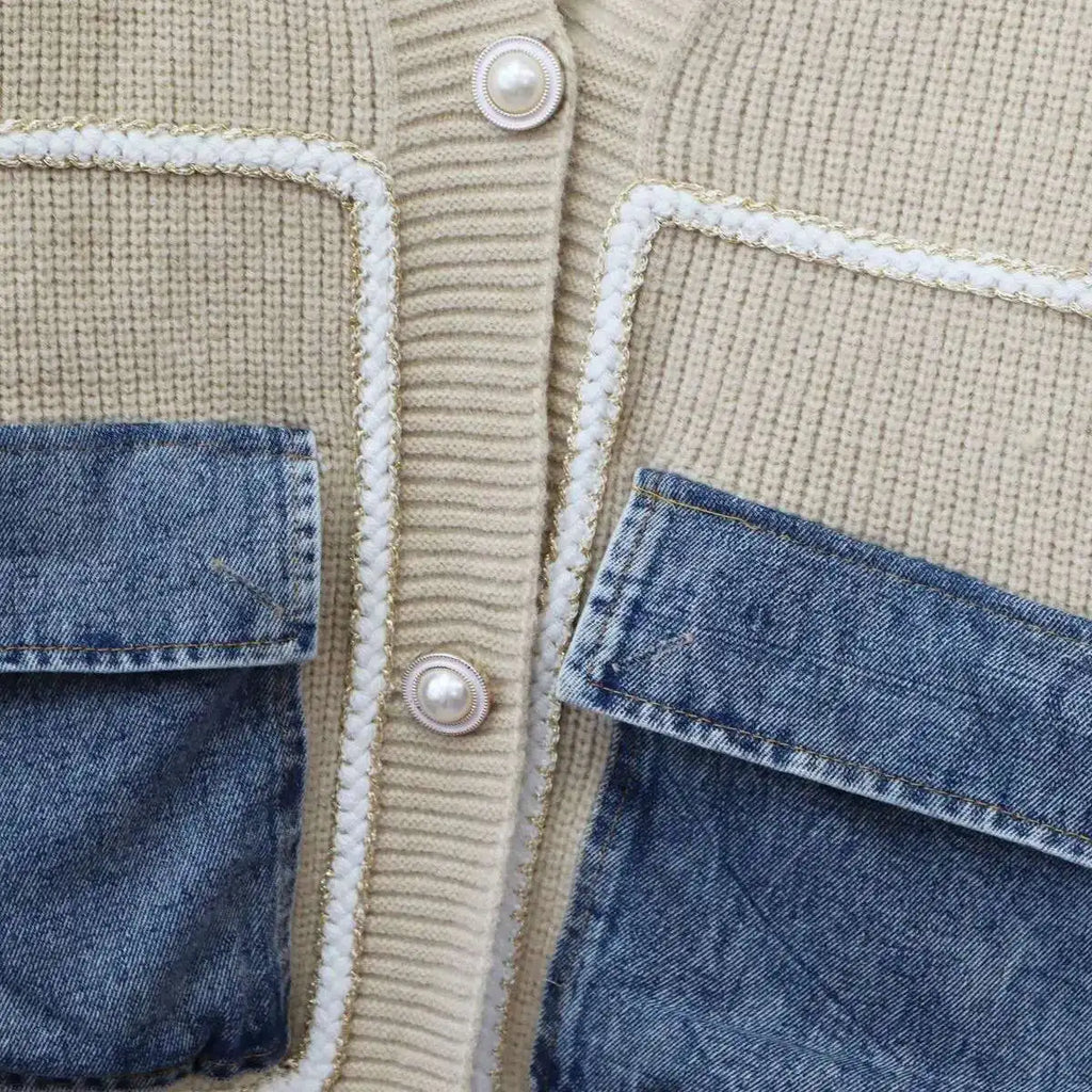 DEAT 2024 New Autumn Fashion Women's Cardigan Loose V-neck Denim Pockets Pearls Buttons Long Sleeve Knitted Sweaters 29L8715