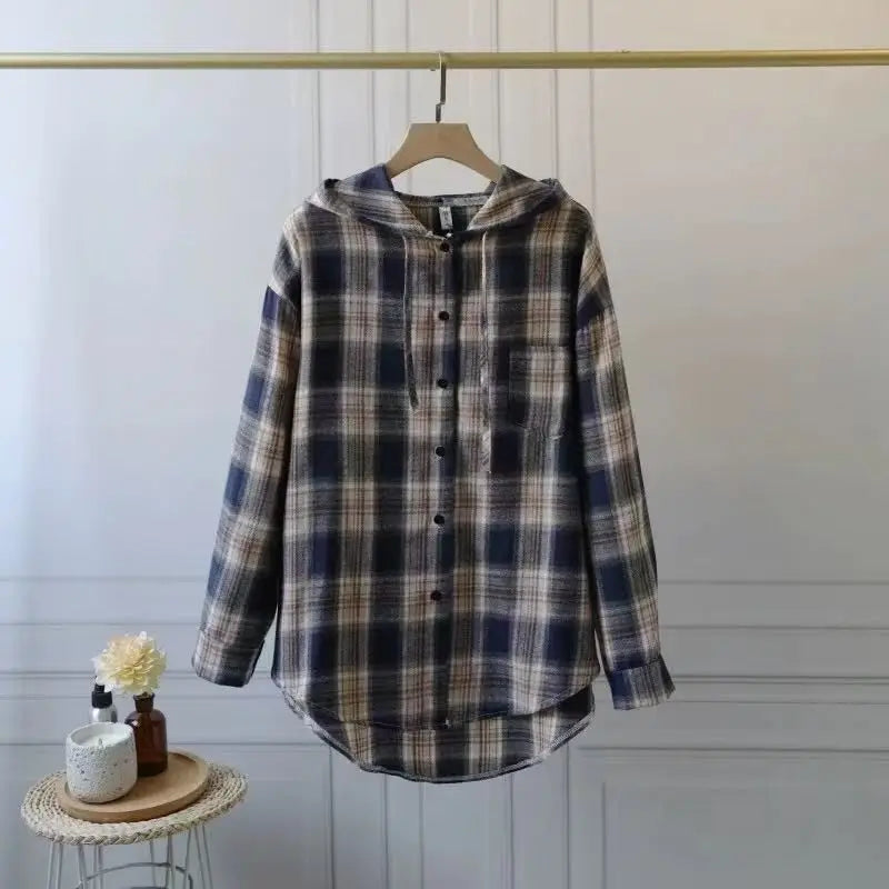 Loose Long Sleeve Plaid Shirt Women's Spring Autumn New Korean Style Lazy Fashion Casual Outerwear Cotton Polyester Blend