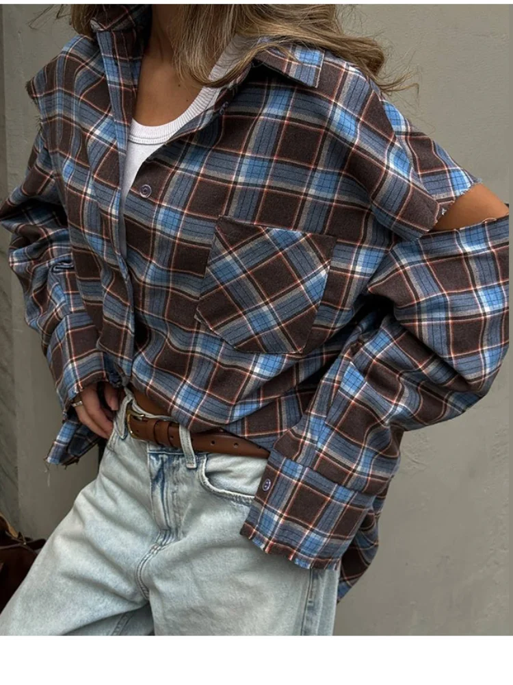 Fashion Checkered Pattern Shirts Women Elegant Lapel Long Sleeve Single Breasted Pocket Loose Top 2025 Daily Street Outerwear