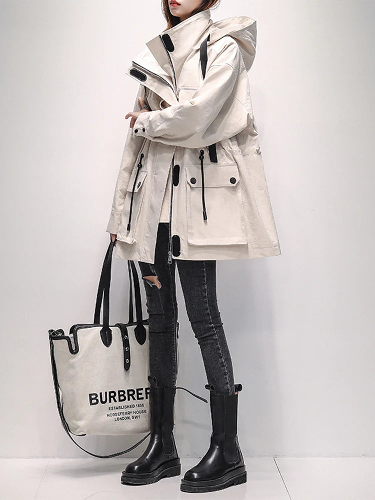 Lautaro Autumn Oversized Red Black Waterproof Windbreaker Women with Hood Many Pockets Zip Up Safari Style Cool Cargo Coat 2022