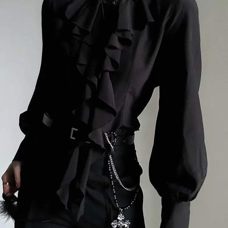 Harajuku Vintage Black Bottoming Shirt Women Stand Collar Ruffles Slim Fit Blouses 2025 New Long Sleeve Blusas De Mujer