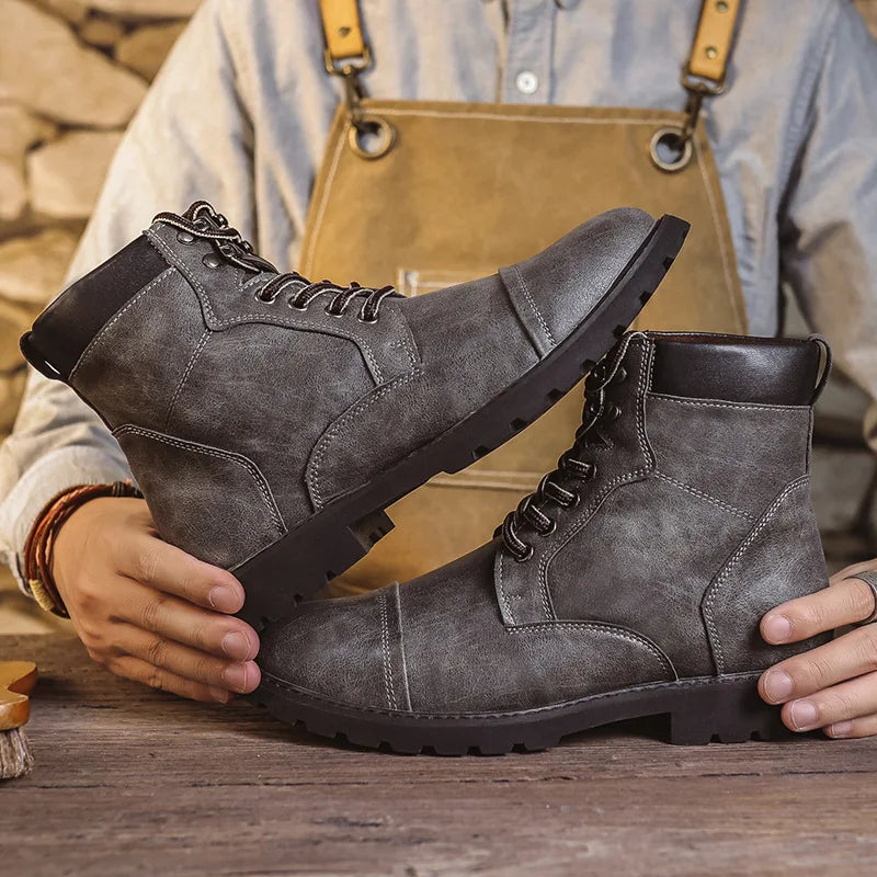 British Retro Men's High-Top Leather Cowboy Boots Lace-Up Comfortable Breathable Equestrian Casual Shoes Premium Quality Fashion