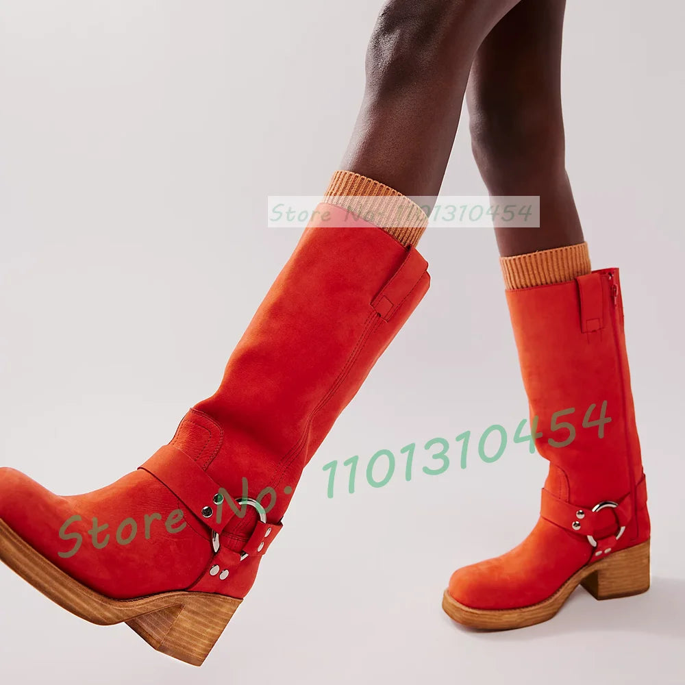 Harness Western Knee High Boots With Wood Chunky Heel Women Square Toe Riding Shoes Outfit Lady Trendy Party Solid Buckle Boots