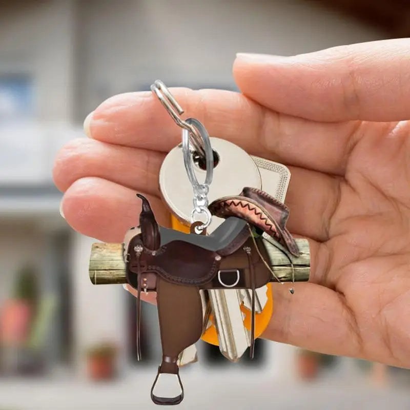 Horse Saddle Ornament Riding Horse Keychain Flat Acrylic Horse Lover Saddle Cowboy Cowgirl Car Rear View Mirror Accessories Car