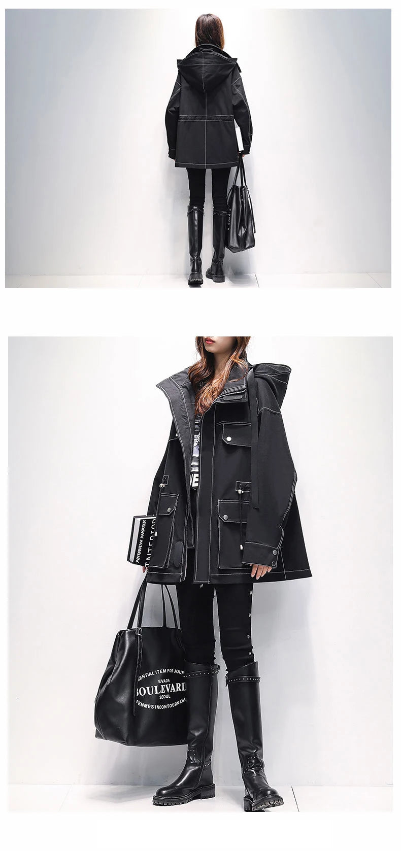 Lautaro Autumn Oversized Red Black Waterproof Windbreaker Women with Hood Many Pockets Zip Up Safari Style Cool Cargo Coat 2022