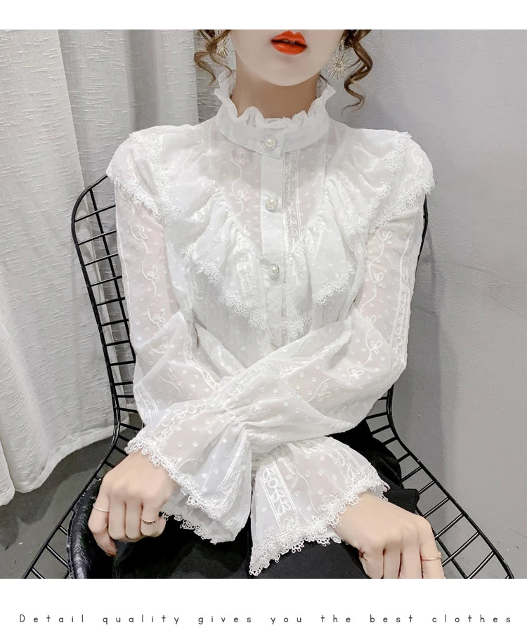Korean Style Ruffle Stitching Lace Blouse Fashion Long Sleeve Loose Chiffon Shirt Elegant Stand Collar Pleated Tops Blusas 15832