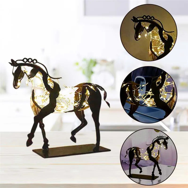 Home Handicrafts Metal Horse Statue With LED Light Decoration Retro Rustic Openwork Figurine Office Desk Horse Sculpture Gift