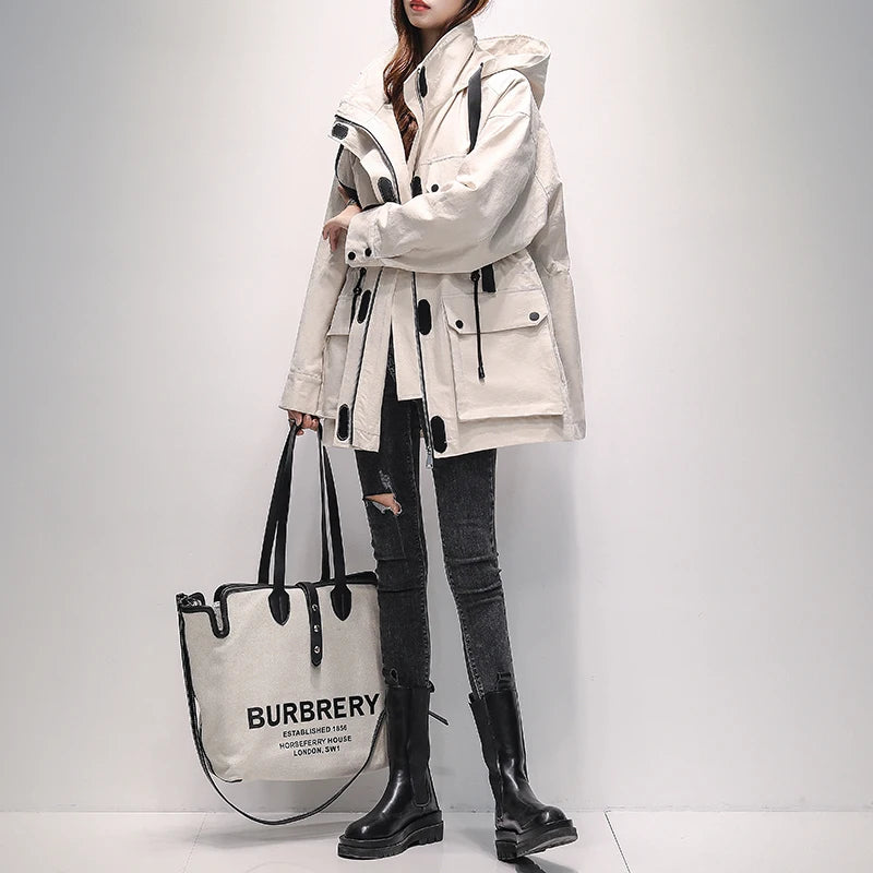 Lautaro Autumn Oversized Red Black Waterproof Windbreaker Women with Hood Many Pockets Zip Up Safari Style Cool Cargo Coat 2022