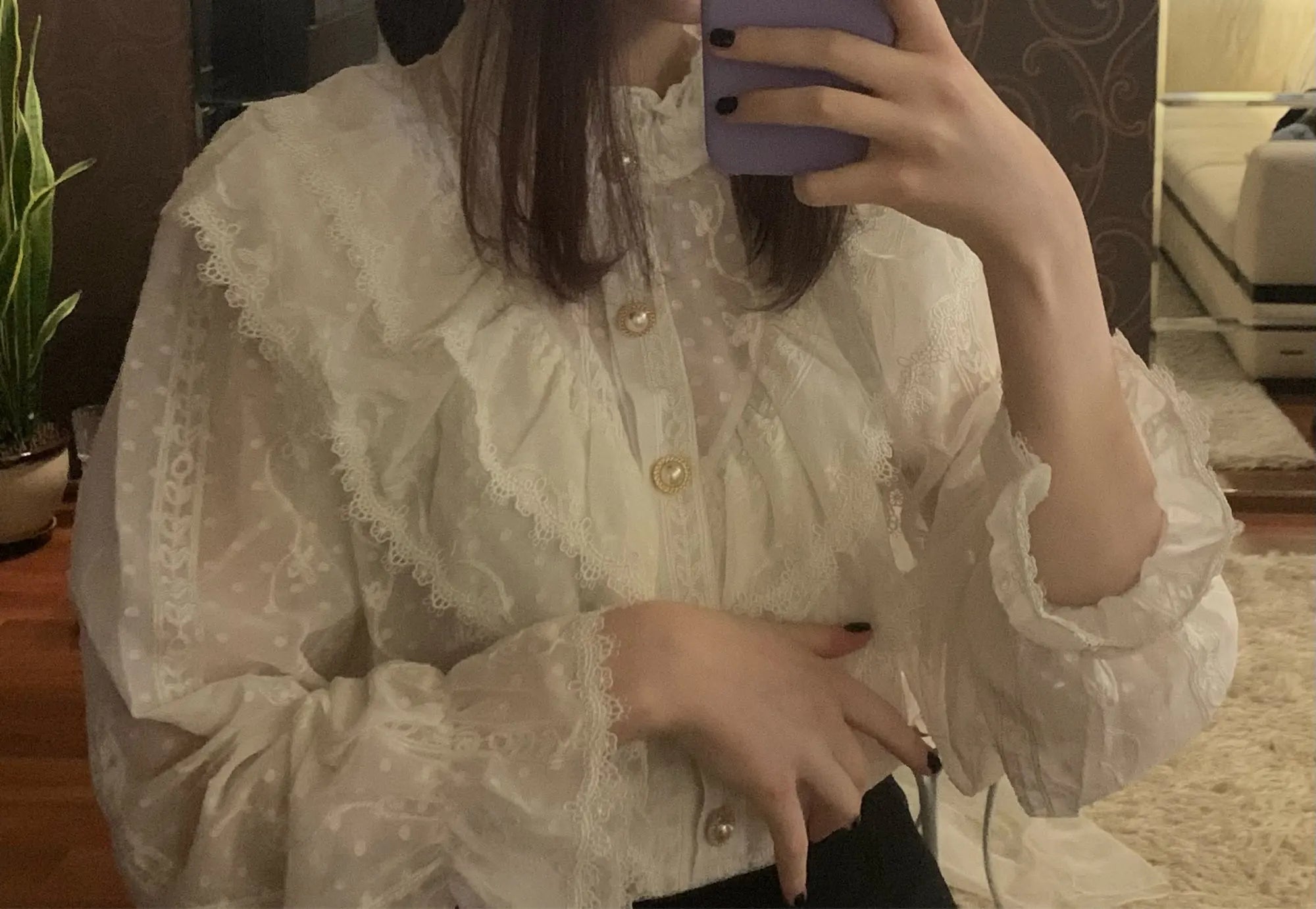Korean Style Ruffle Stitching Lace Blouse Fashion Long Sleeve Loose Chiffon Shirt Elegant Stand Collar Pleated Tops Blusas 15832
