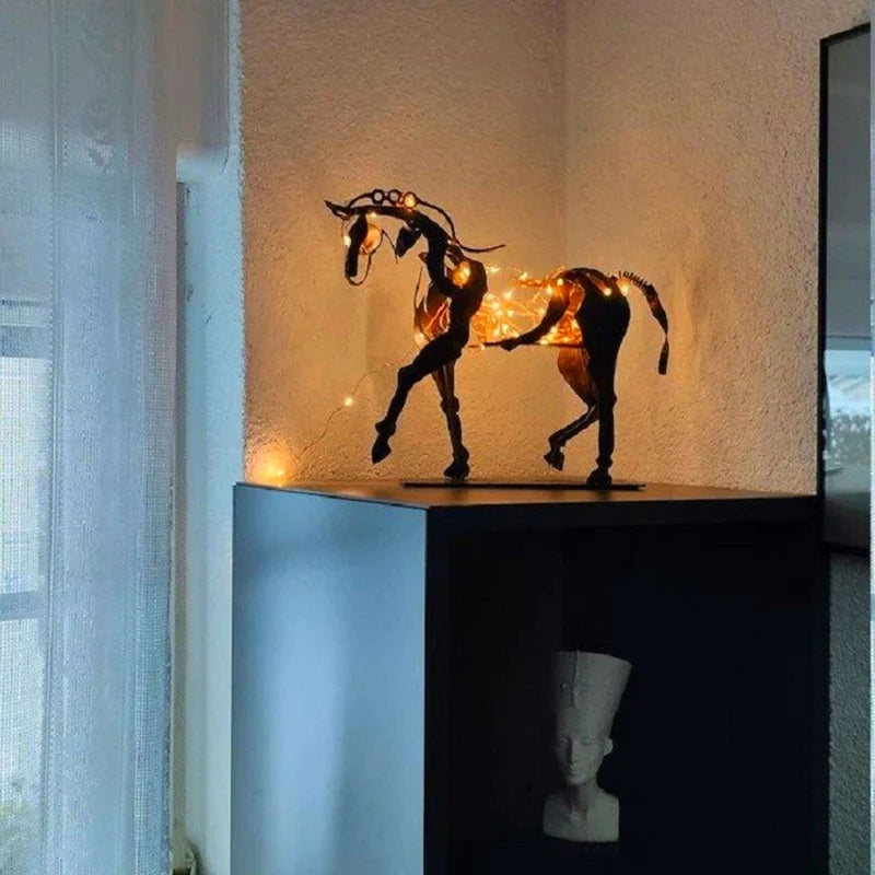 Home Handicrafts Metal Horse Statue With LED Light Decoration Retro Rustic Openwork Figurine Office Desk Horse Sculpture Gift