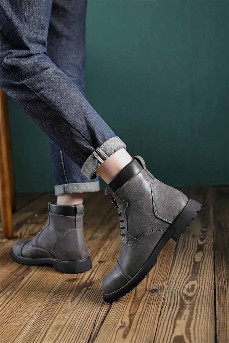 British Retro Men's High-Top Leather Cowboy Boots Lace-Up Comfortable Breathable Equestrian Casual Shoes Premium Quality Fashion