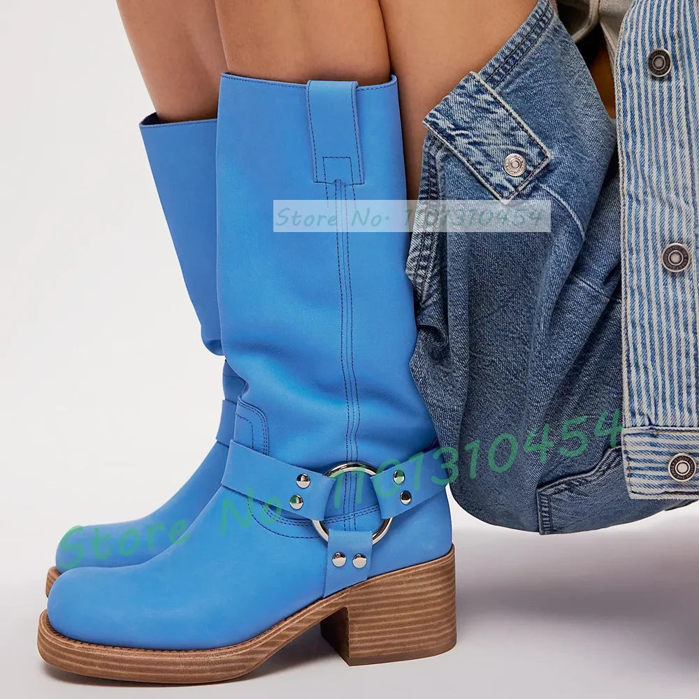 Harness Western Knee High Boots With Wood Chunky Heel Women Square Toe Riding Shoes Outfit Lady Trendy Party Solid Buckle Boots