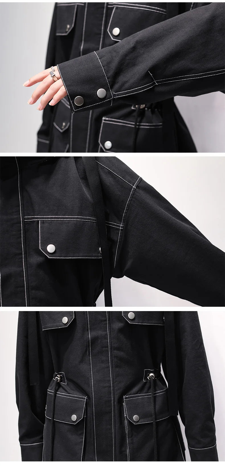 Lautaro Autumn Oversized Red Black Waterproof Windbreaker Women with Hood Many Pockets Zip Up Safari Style Cool Cargo Coat 2022