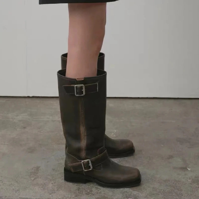 Women's High Boots 2025 New Retro Brown Western Cowhide Boots Gothic Square Toe Wide-leg Women's Long Boots