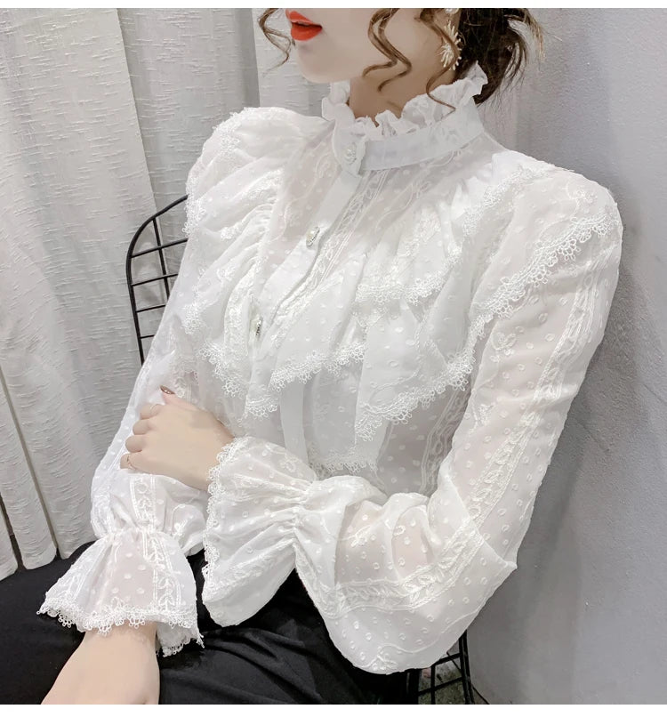 Korean Style Ruffle Stitching Lace Blouse Fashion Long Sleeve Loose Chiffon Shirt Elegant Stand Collar Pleated Tops Blusas 15832