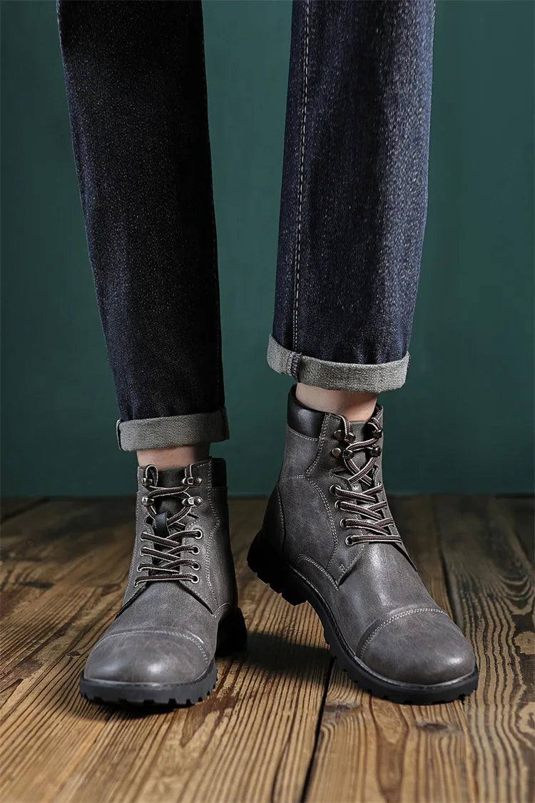 British Retro Men's High-Top Leather Cowboy Boots Lace-Up Comfortable Breathable Equestrian Casual Shoes Premium Quality Fashion