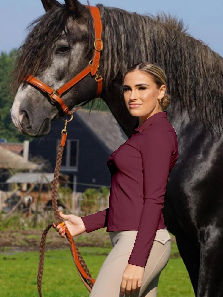 MXLLINA Burgundy Horse Riding T-Shirts Women Soft Equestrian Long Sleeve Tops Ladies Rider Show Base Layer T-shirt Wear Clothing