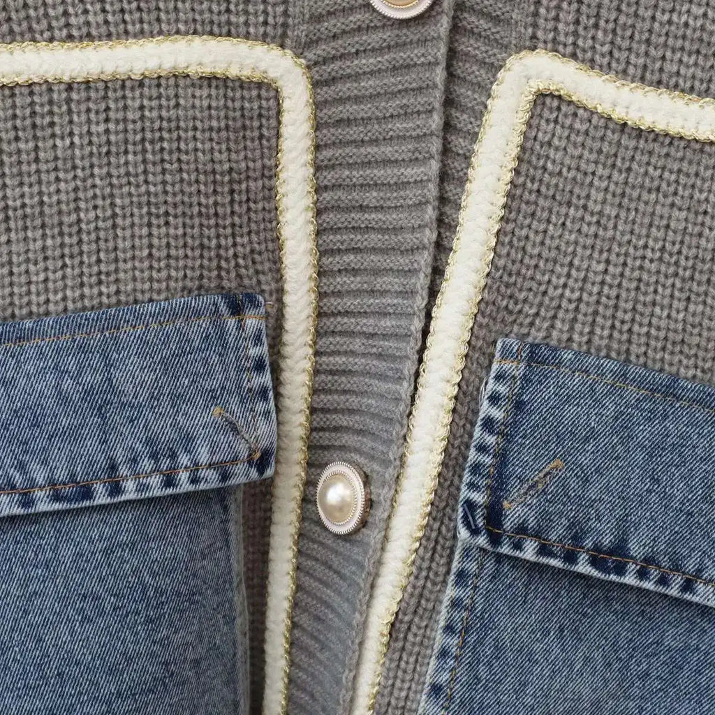 DEAT 2024 New Autumn Fashion Women's Cardigan Loose V-neck Denim Pockets Pearls Buttons Long Sleeve Knitted Sweaters 29L8715