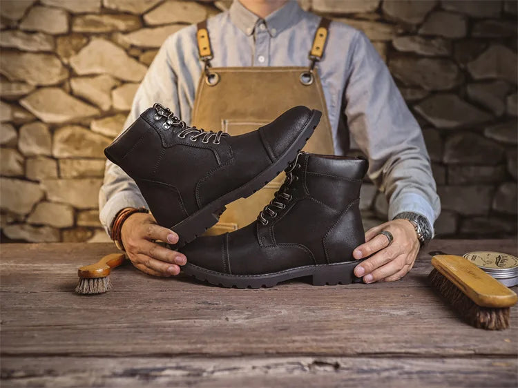 British Retro Men's High-Top Leather Cowboy Boots Lace-Up Comfortable Breathable Equestrian Casual Shoes Premium Quality Fashion