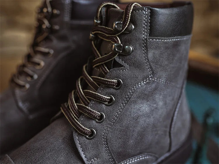 British Retro Men's High-Top Leather Cowboy Boots Lace-Up Comfortable Breathable Equestrian Casual Shoes Premium Quality Fashion