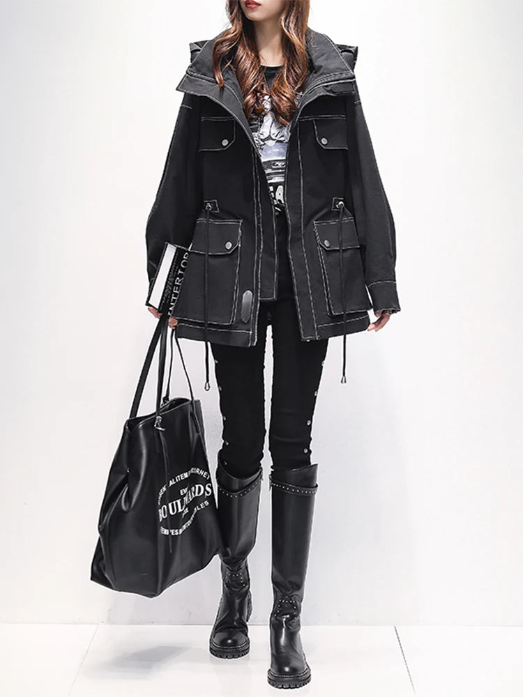 Lautaro Autumn Oversized Red Black Waterproof Windbreaker Women with Hood Many Pockets Zip Up Safari Style Cool Cargo Coat 2022