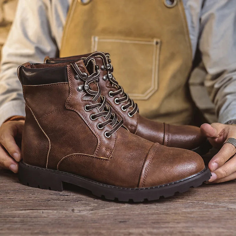 British Retro Men's High-Top Leather Cowboy Boots Lace-Up Comfortable Breathable Equestrian Casual Shoes Premium Quality Fashion