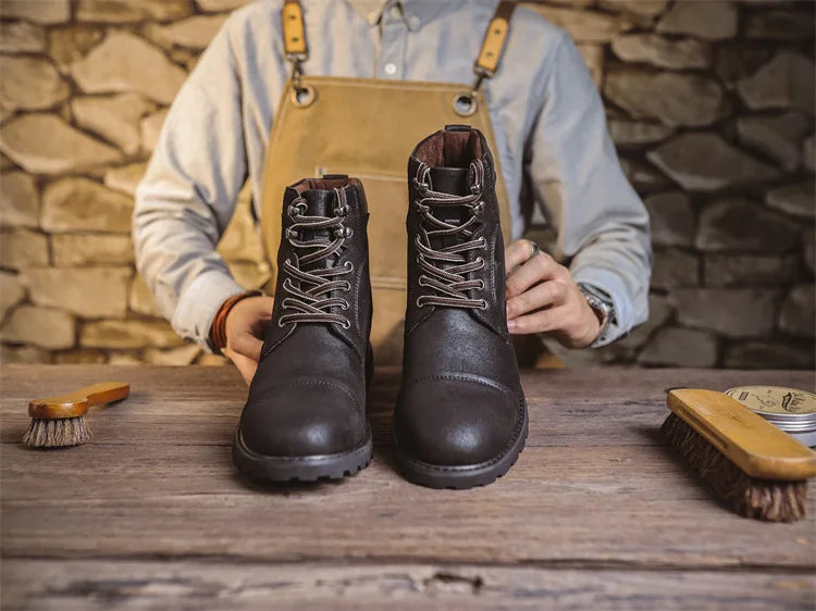 British Retro Men's High-Top Leather Cowboy Boots Lace-Up Comfortable Breathable Equestrian Casual Shoes Premium Quality Fashion